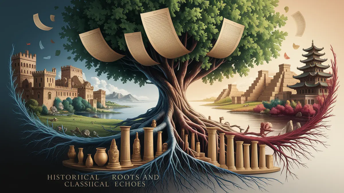 A conceptual illustration representing Historical Roots and Classical Echoes. Visualize the main ideas: . Creative but clear representation of the concept. Style: photorealistic. high quality, detailed, professional, clean composition, good lighting, sharp focus, well-composed. high quality, professional, detailed, well-composed
