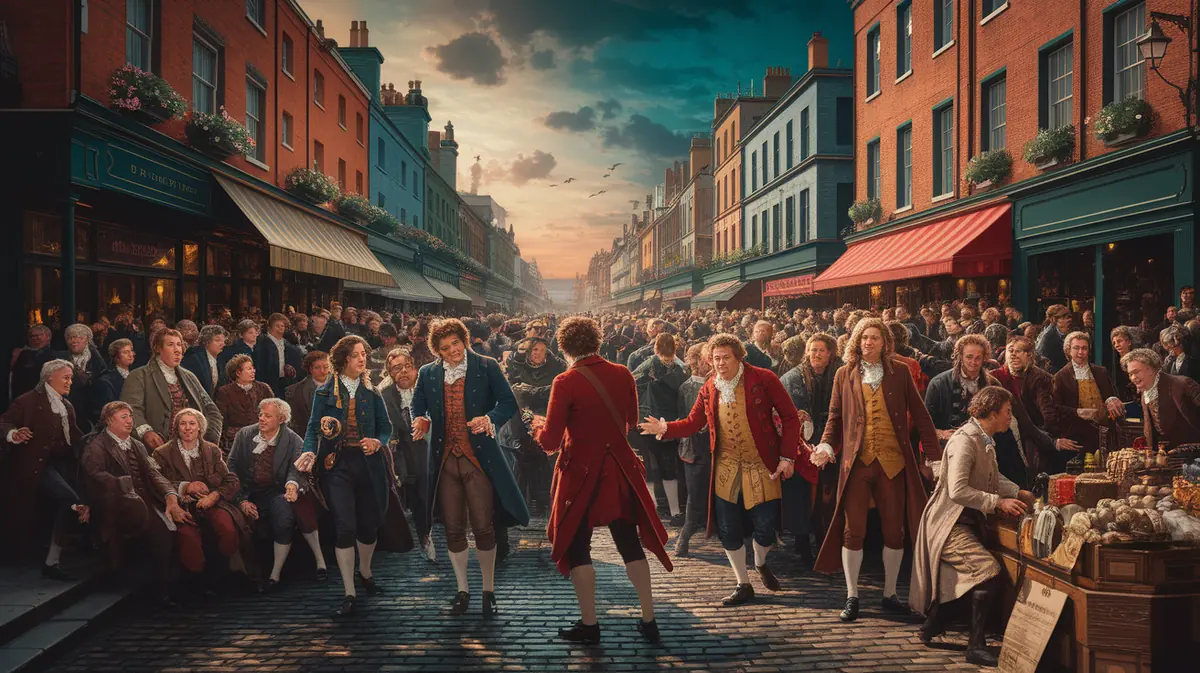 A conceptual illustration representing Tumult in Early 18th-Century Britain. Visualize the main ideas: . Creative but clear representation of the concept. Style: photorealistic. high quality, detailed, professional, clean composition, good lighting, sharp focus, well-composed. high quality, professional, detailed, well-composed